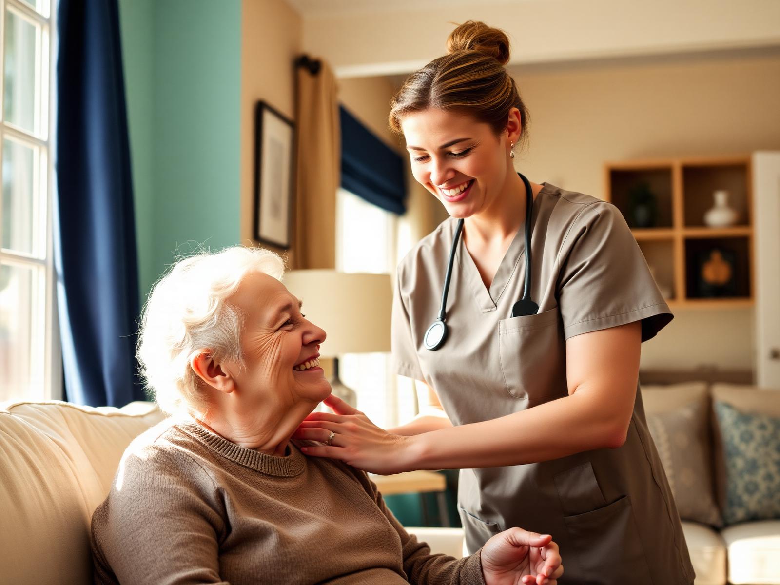 Caregiver smiling warmly with an elderly woman in a sunlit living room