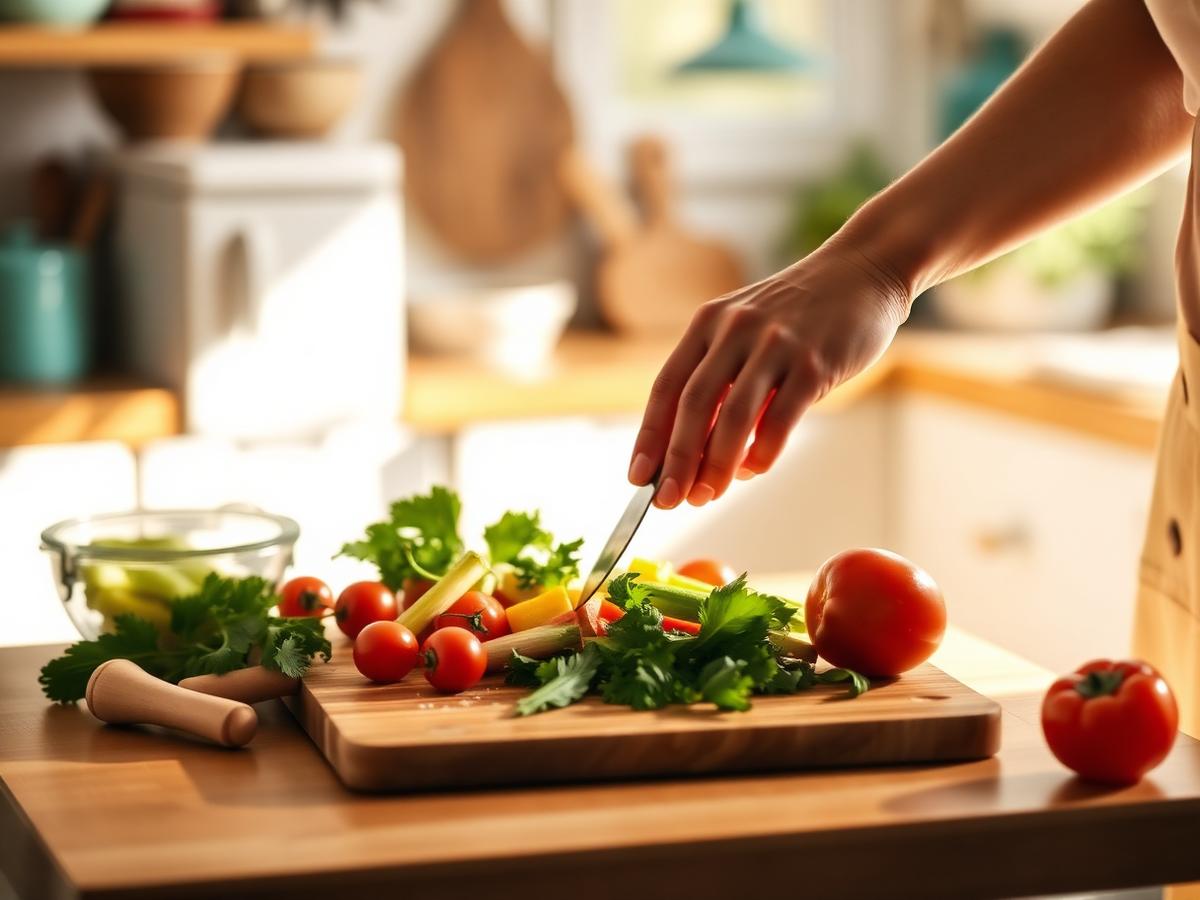 Hands preparing a fresh home-cooked meal in a sunlit kitchen